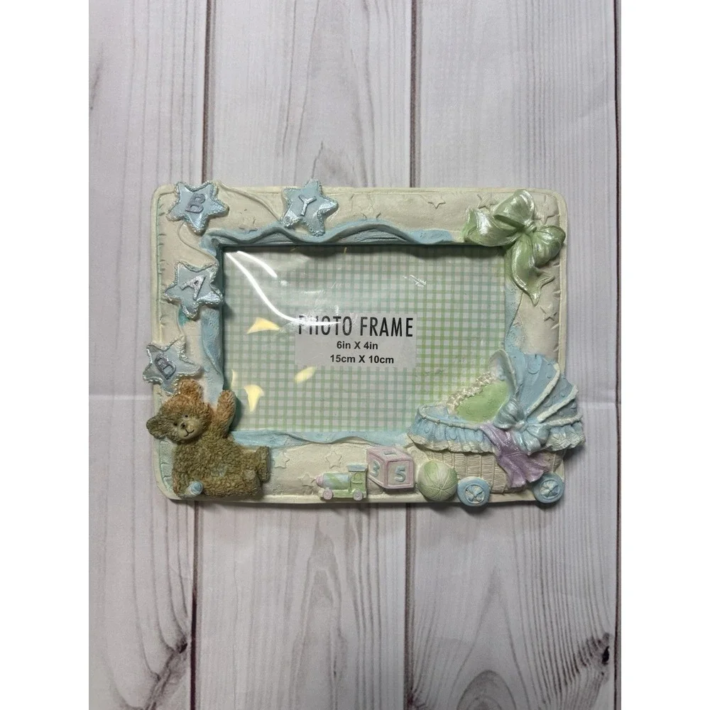 Vintage 3D Baby Boy Photo Frame 6x4 Teddy Bear Blue Bassinet